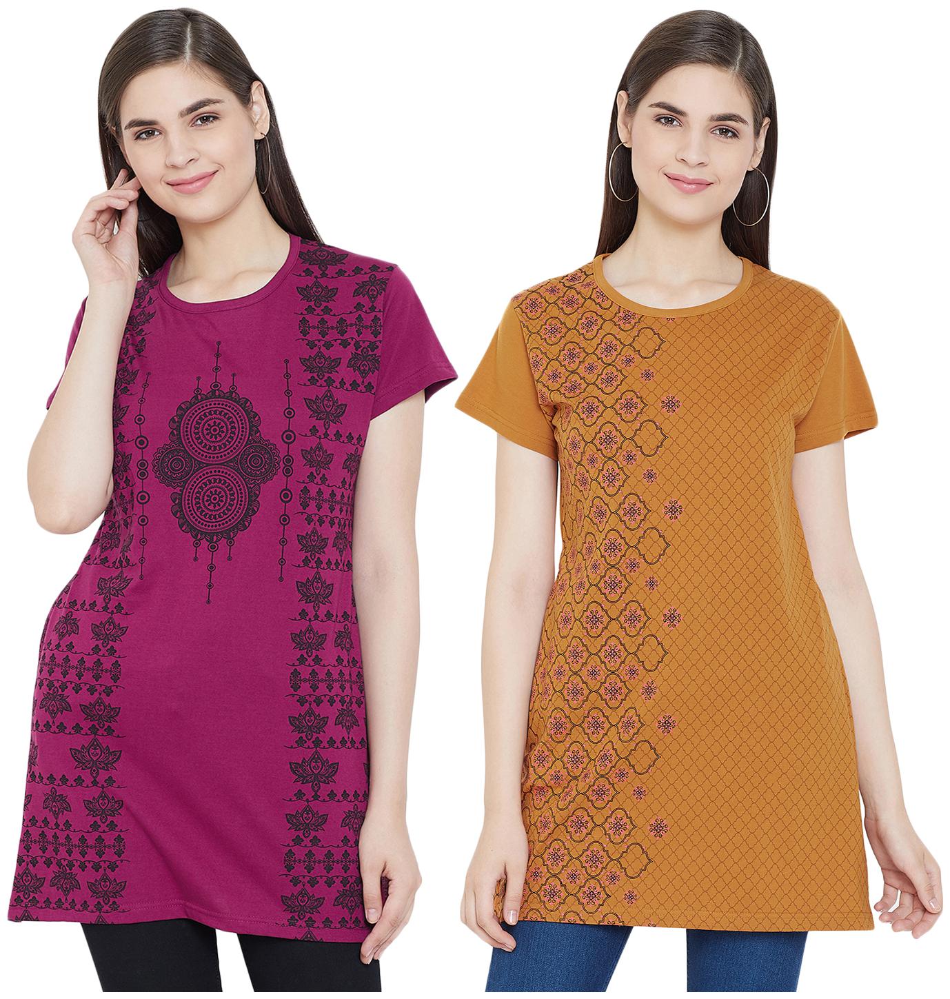 

WHITEMOON Women Mustard Pink Regular fit Round neck Cotton T shirt