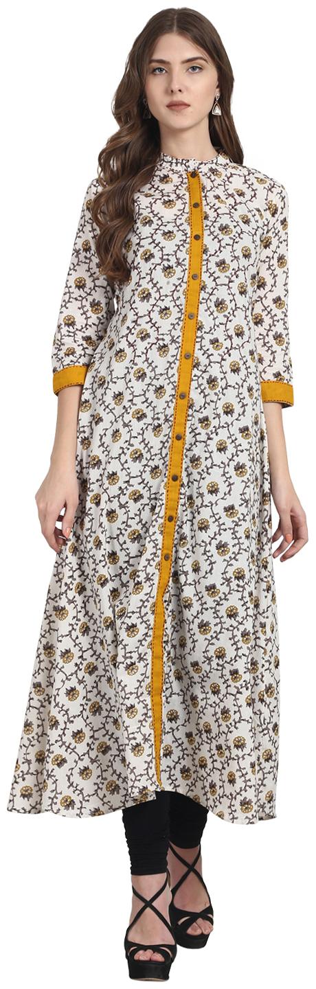 

Nayo White Printed 3 4Th Sleeve Cotton A-Line Front Open Kurta
