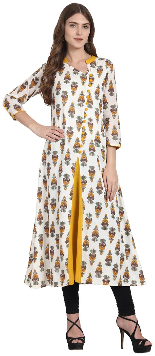 

Nayo White Printed 3 4Th Sleeve Cotton A-Line Kurta