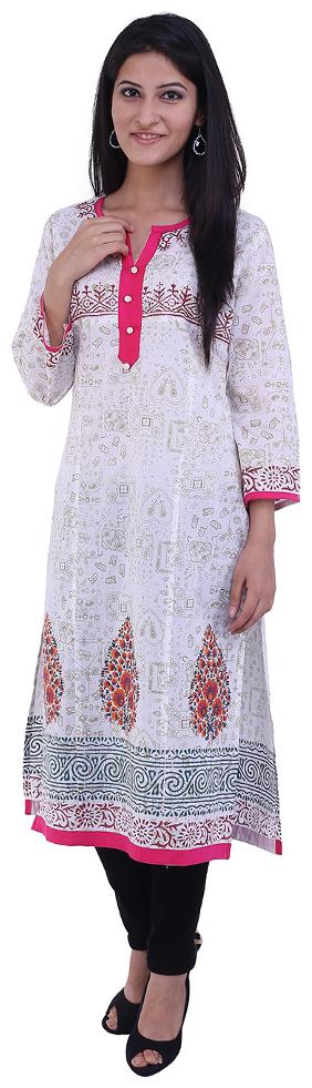 

White Printed Kurta With Front Buttons