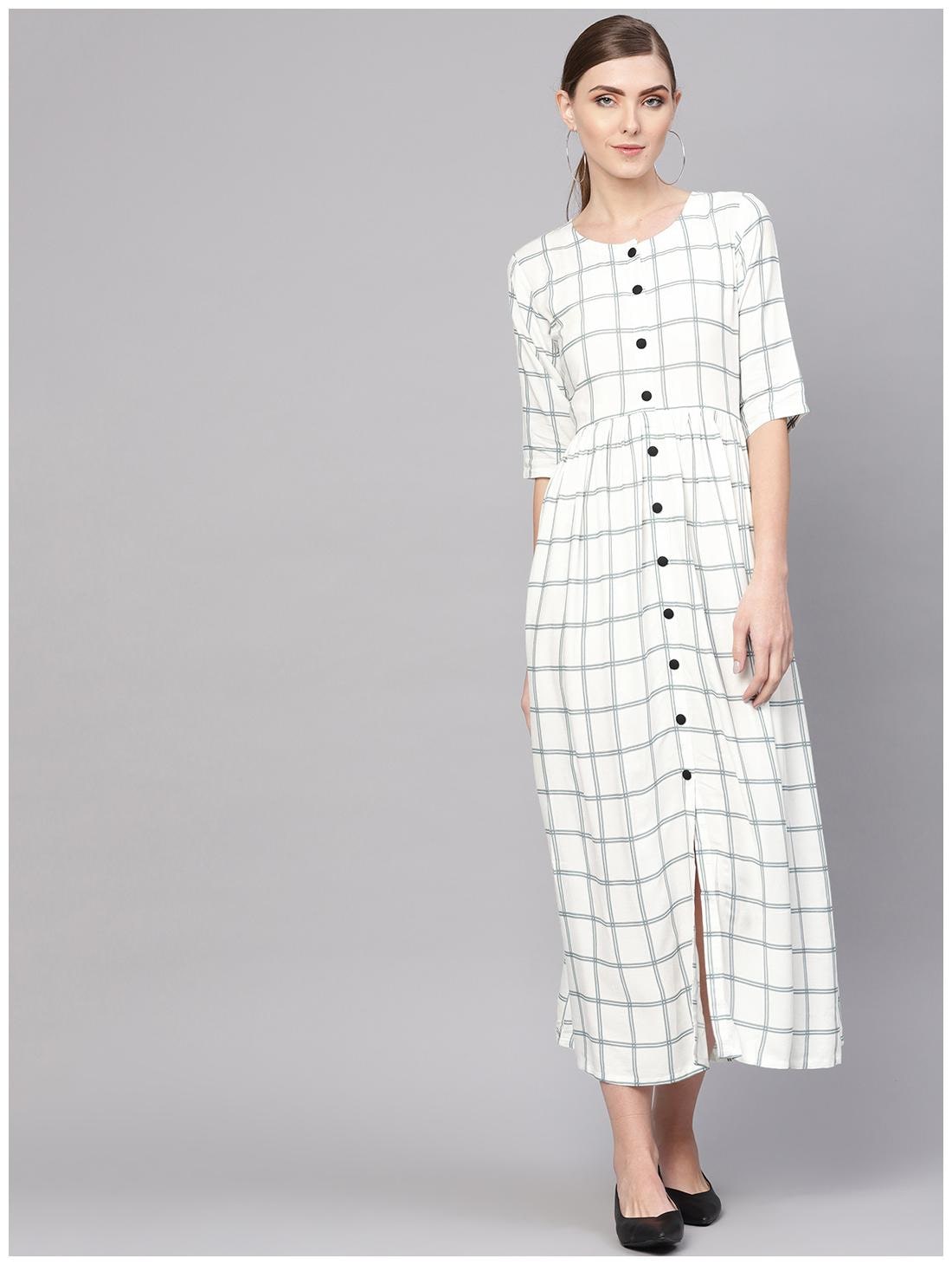 

White Rayon Checkered Aline Fit And Flared Maxi Dress