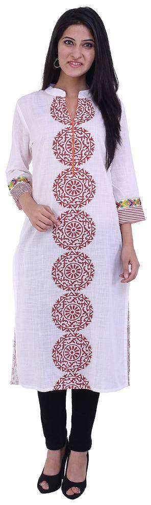 White Red Coloured Cotton Printed Embridered Kurta