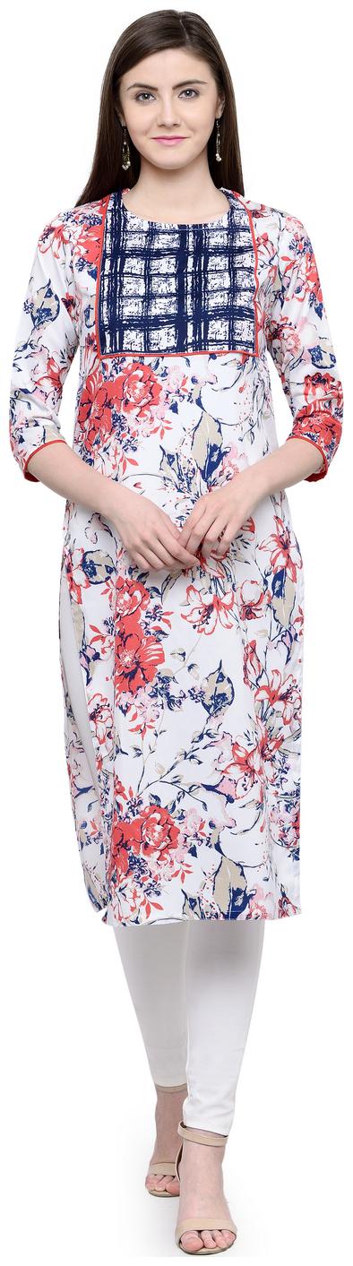 

White Red Floral Blue Yog Crepe Kurti