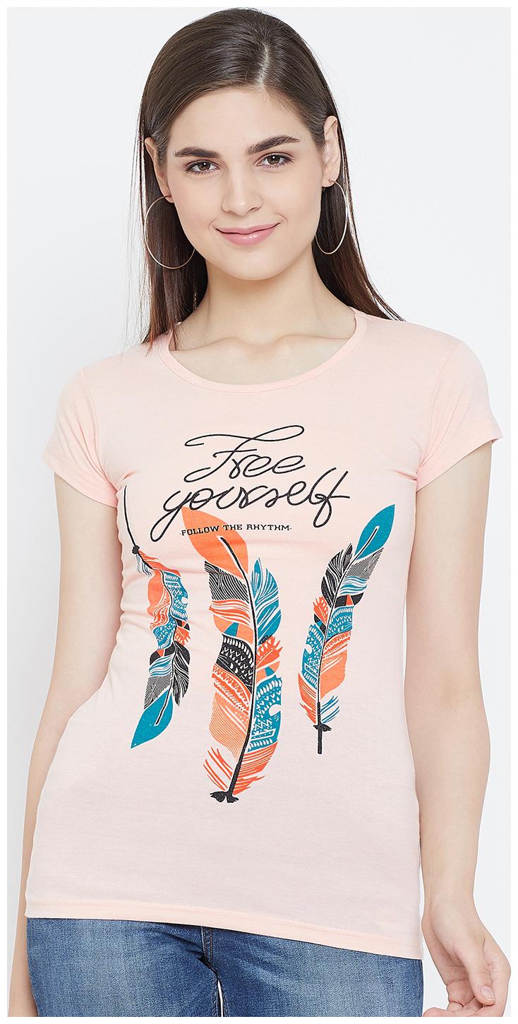 

WHITEMOON Women Peach Regular fit Round neck Cotton T shirt