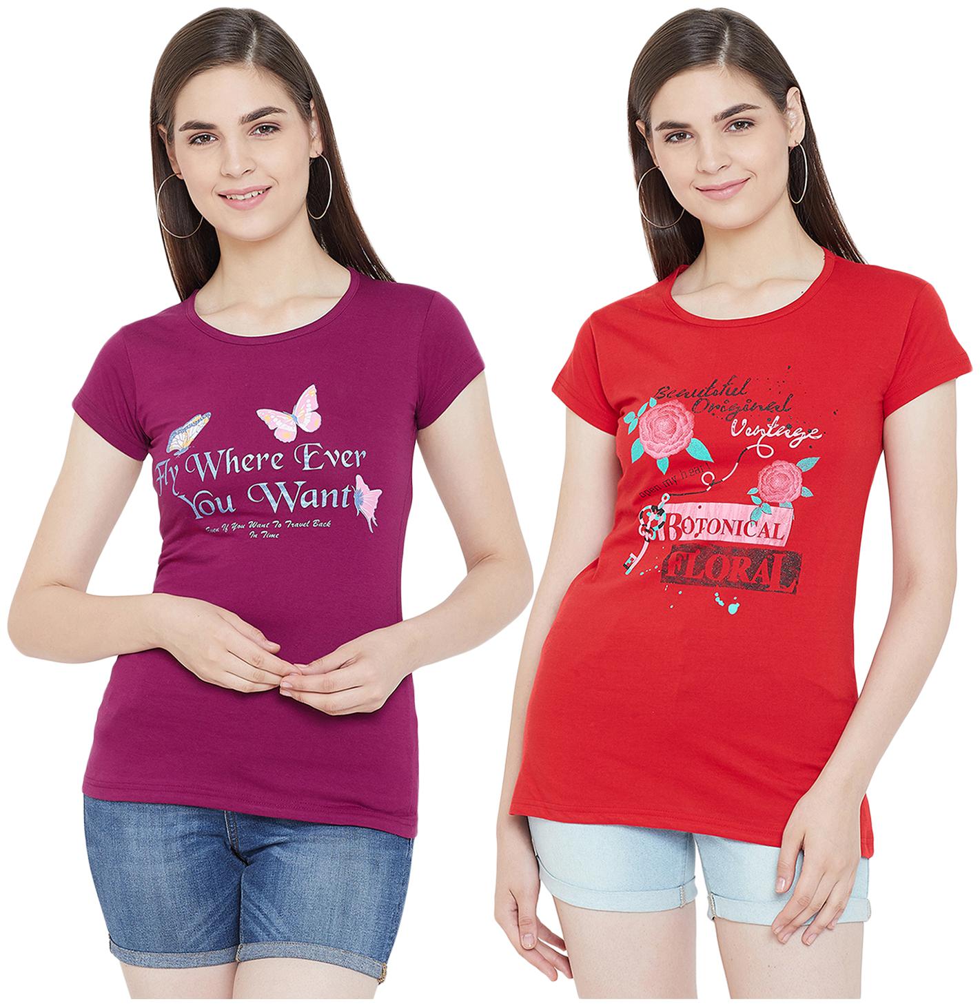 

WHITEMOON Women Printed Regular top - Pink Red