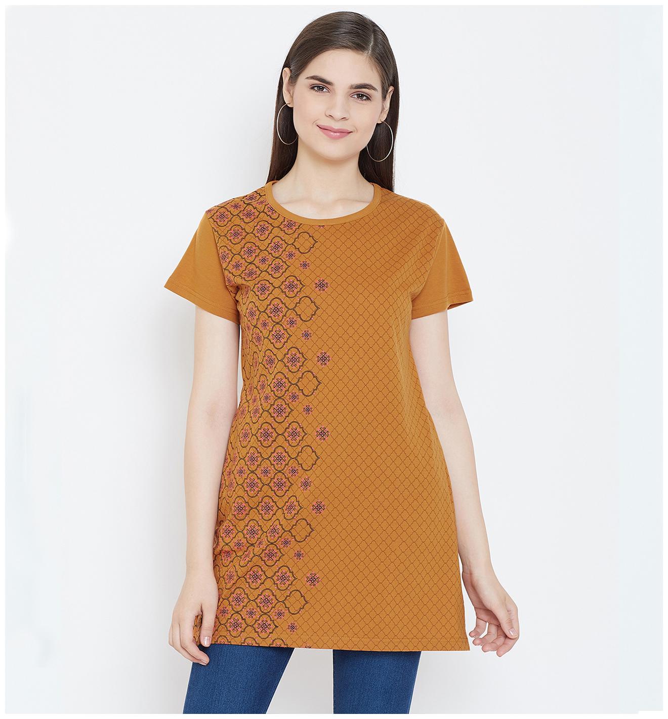 

WHITEMOON Women Mustard Regular fit Round neck Cotton T shirt