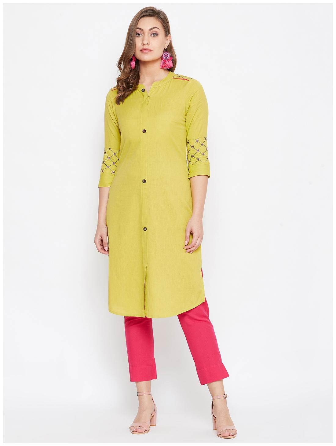 

WineRed Women Yellow Embroidered Straight Kurta