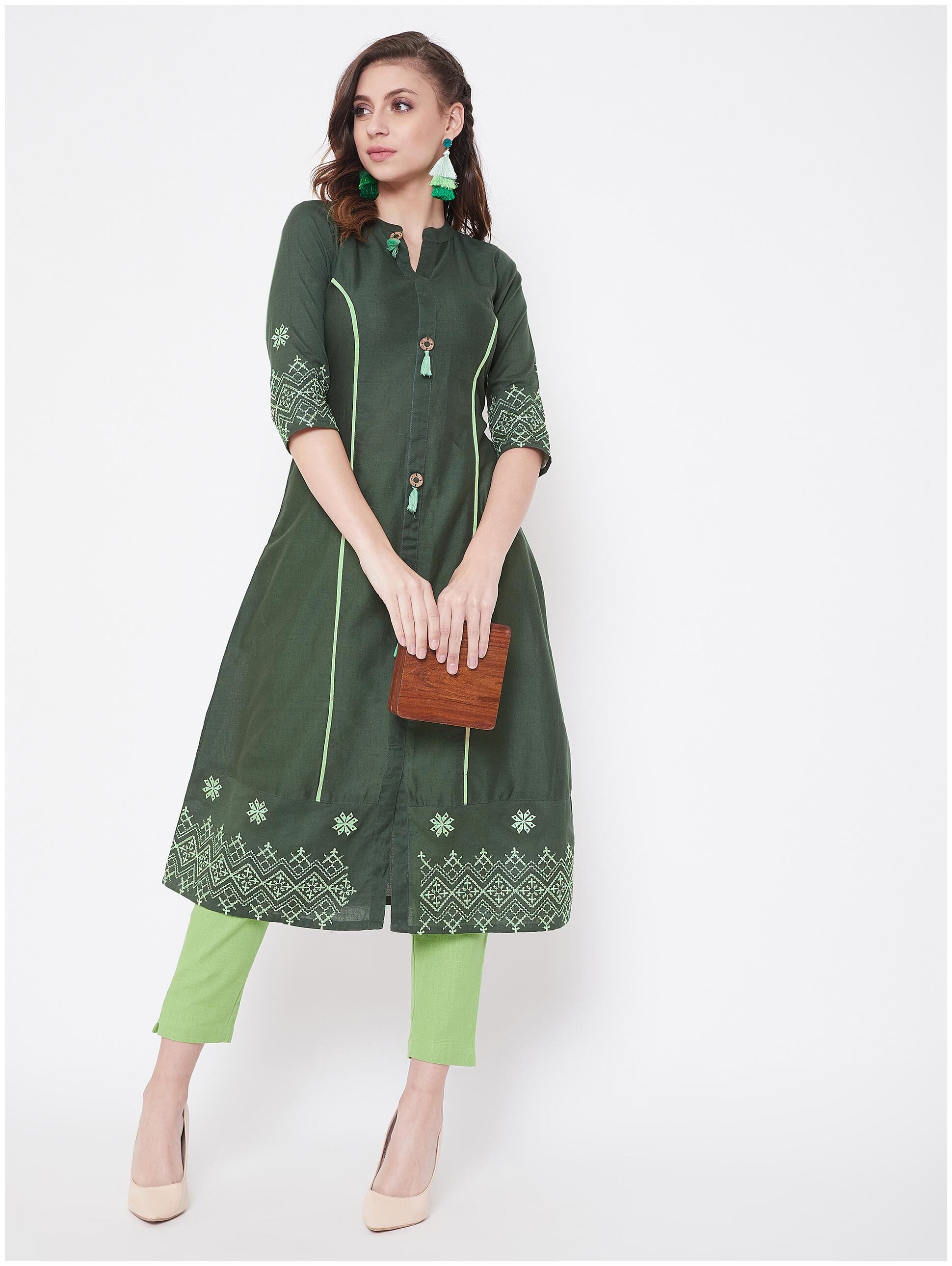 

WineRed Cotton Dark Green Embroidered Kurta For Women