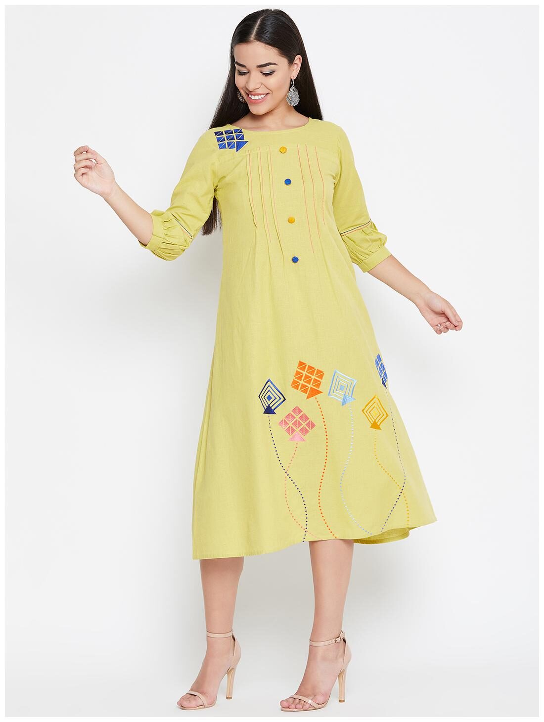 

WineRed Cotton Embroidered Yellow Kurta Dress For Women