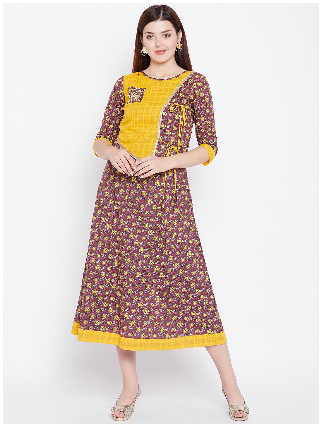 

WineRed Cotton Printed Brown Yellow Kurta Dress For Women