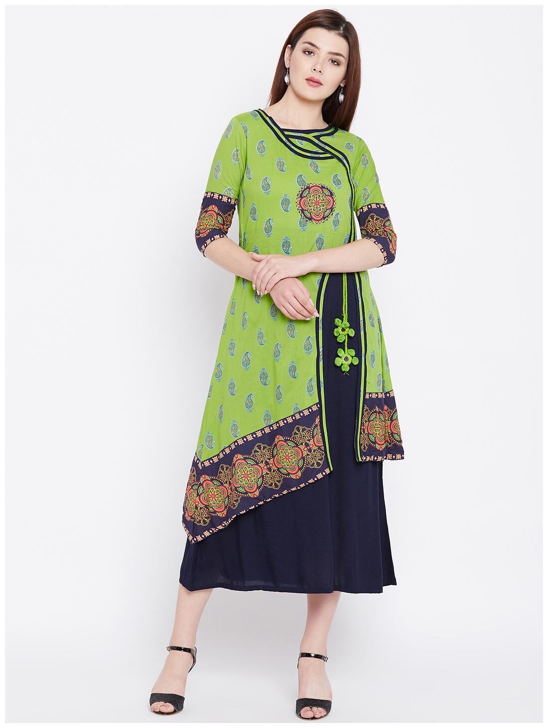 

WineRed Cotton Printed Green Kurta Dress For Women