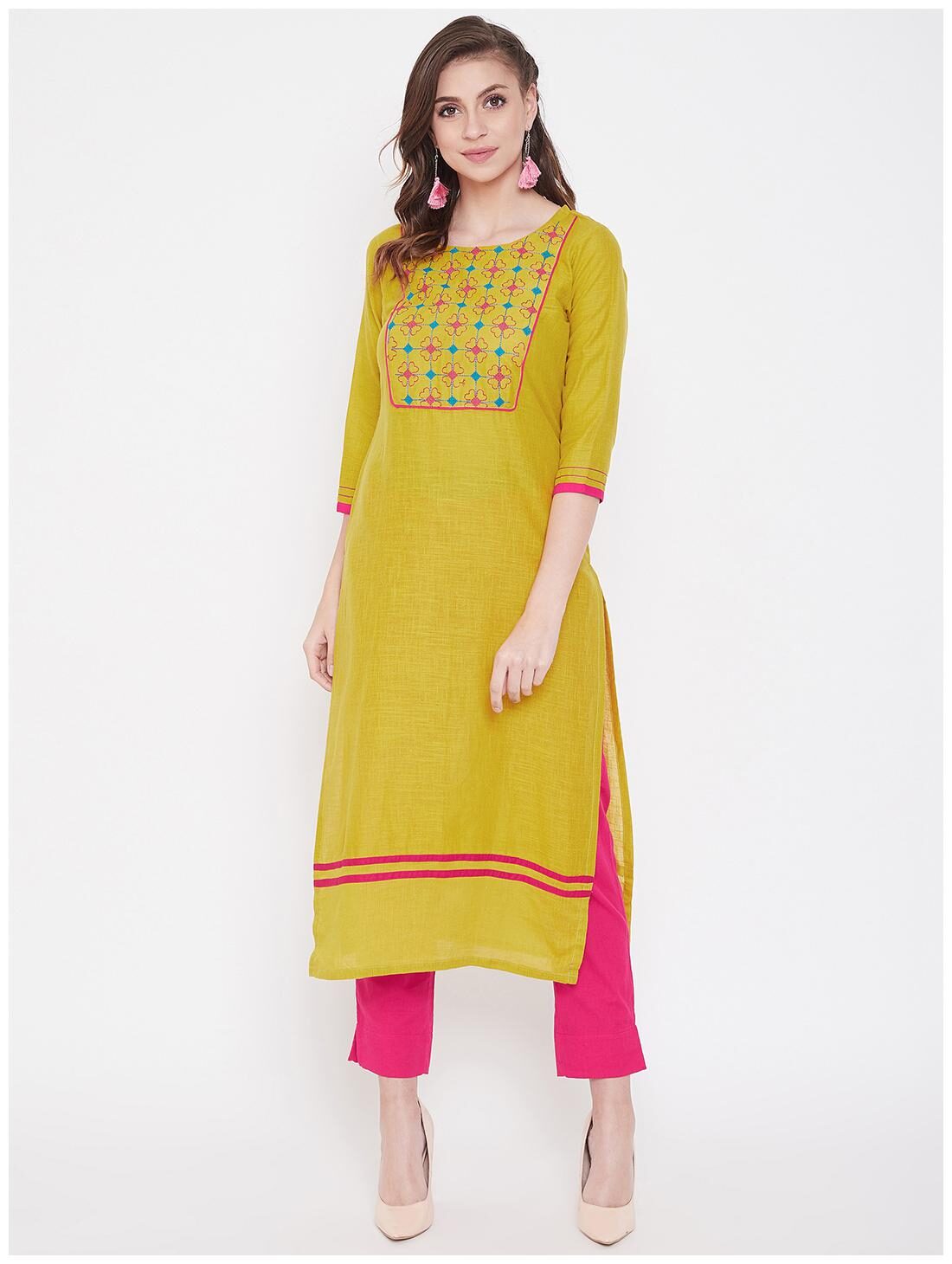 

WineRed Women Yellow Embroidered Straight Kurta