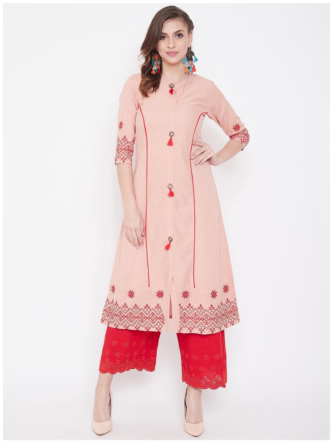 

WineRed Cotton Peach Embroidered Kurta For Women