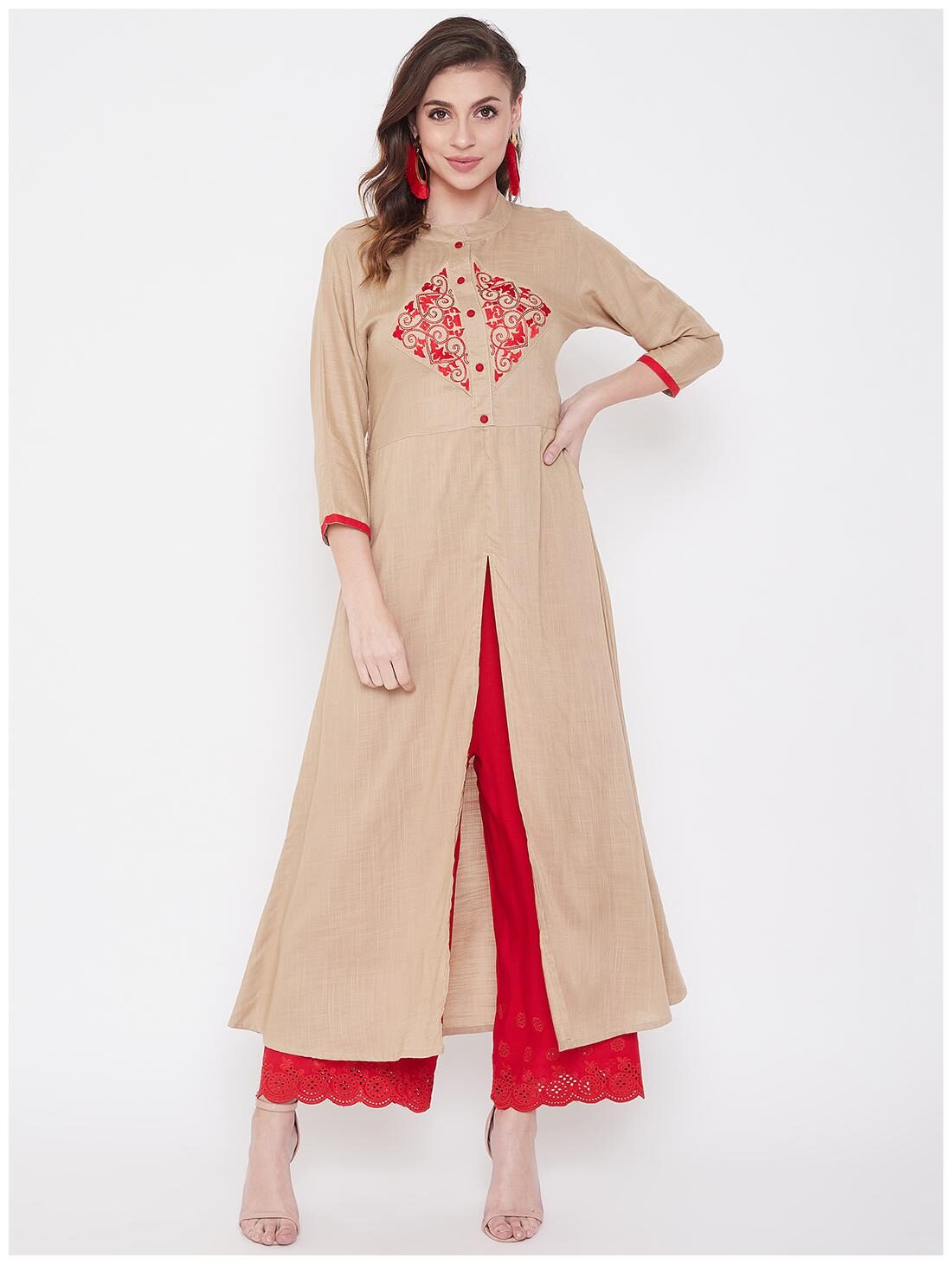 

WineRed Women Beige Embroidered High Slit Kurta
