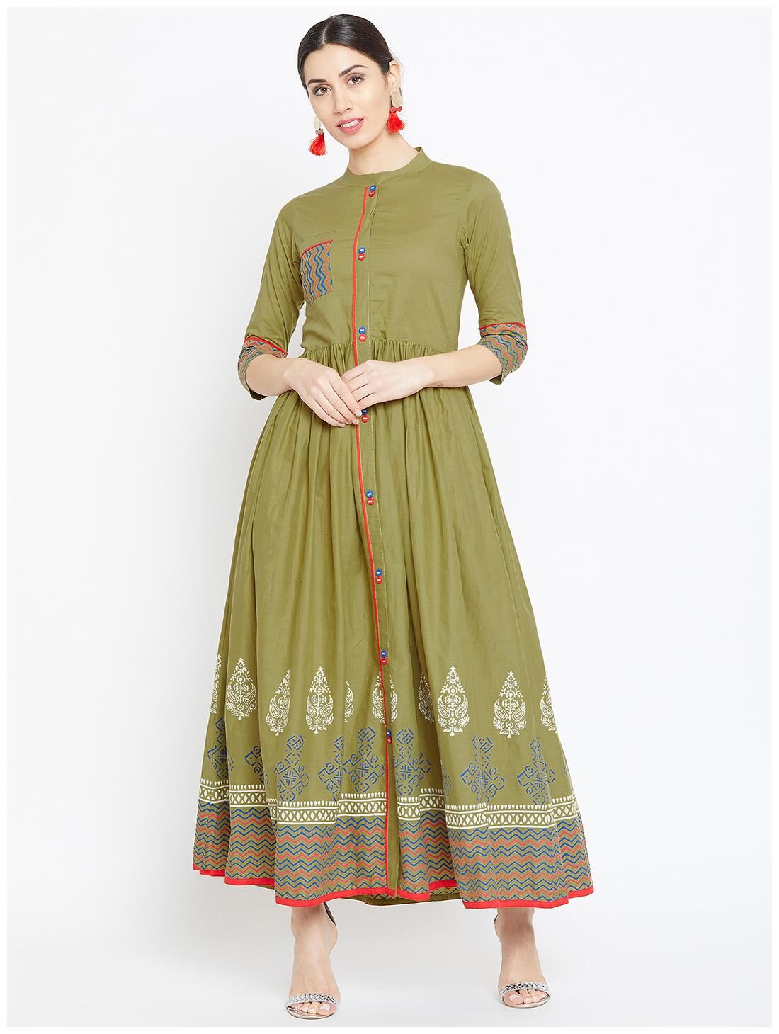 

WineRed Women Green Geometric Fit and Flare Kurta