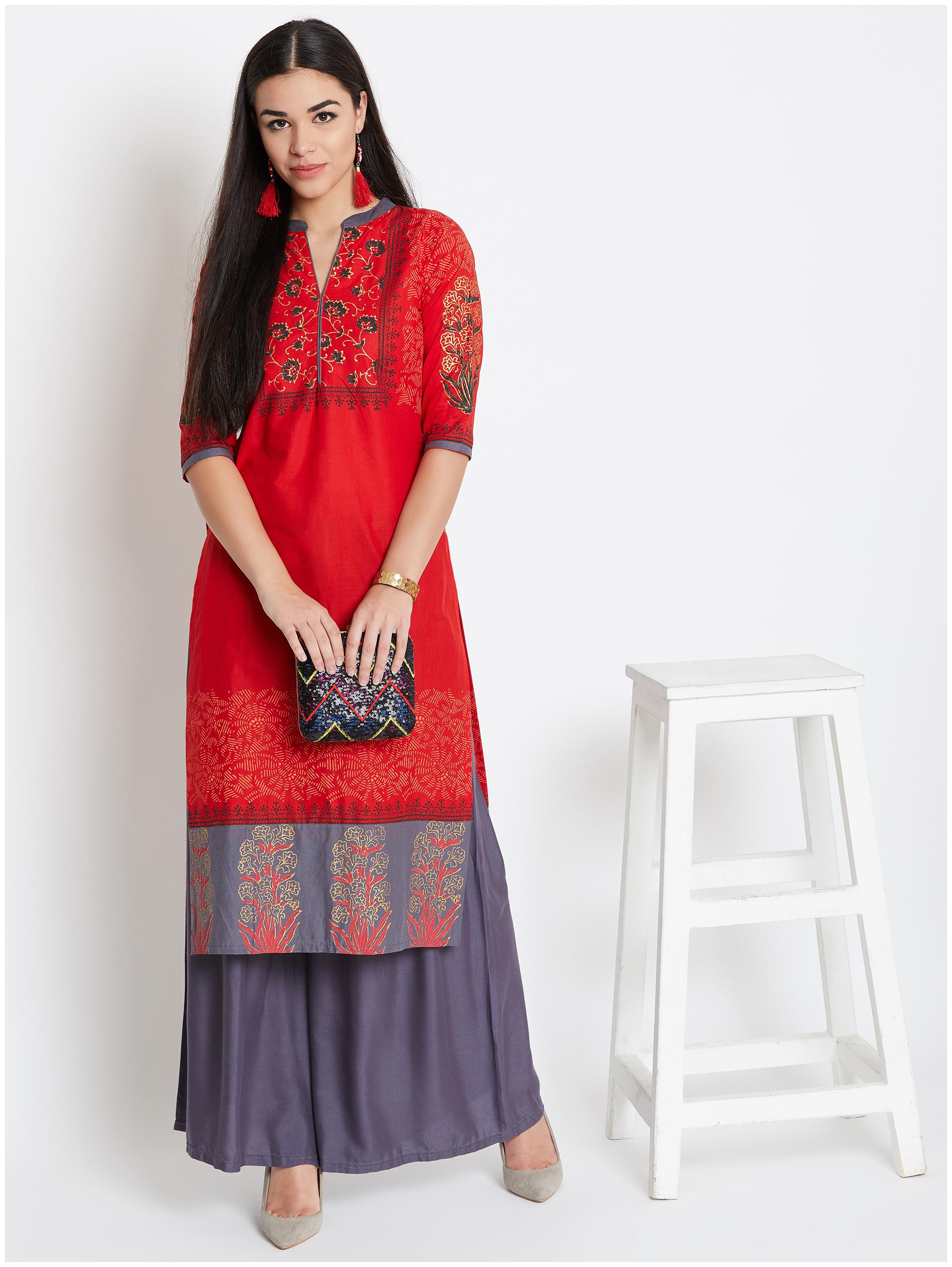 

WineRed Women Red Floral Straight Kurta
