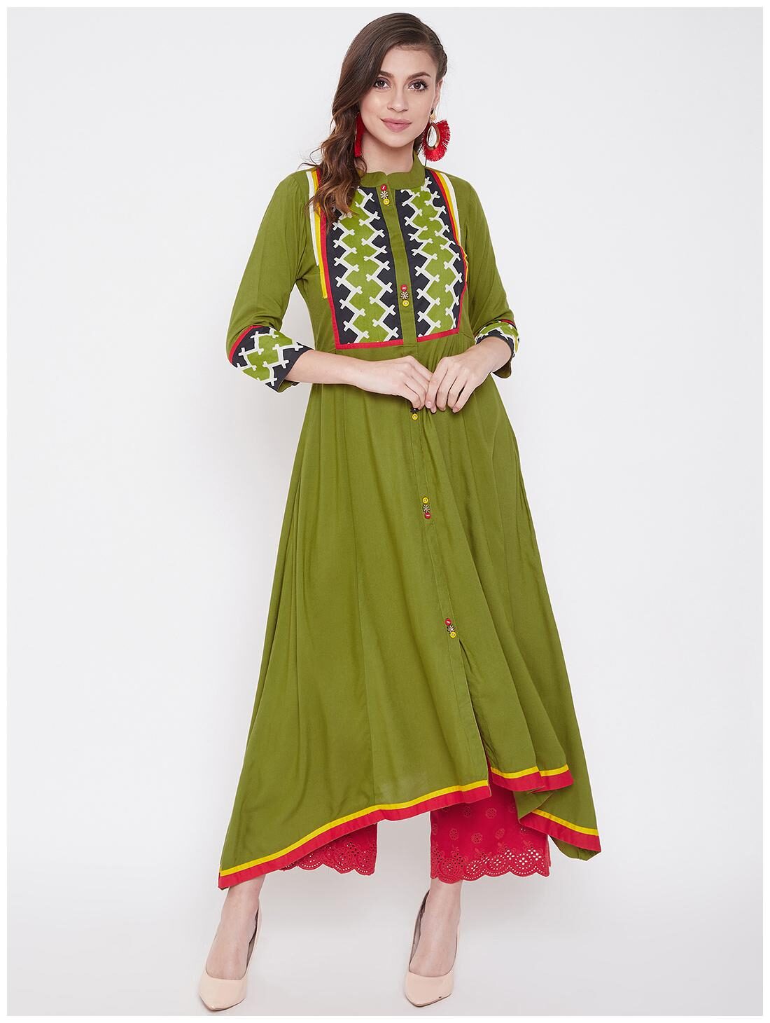 

WineRed Women Rayon Printed Green Kurta