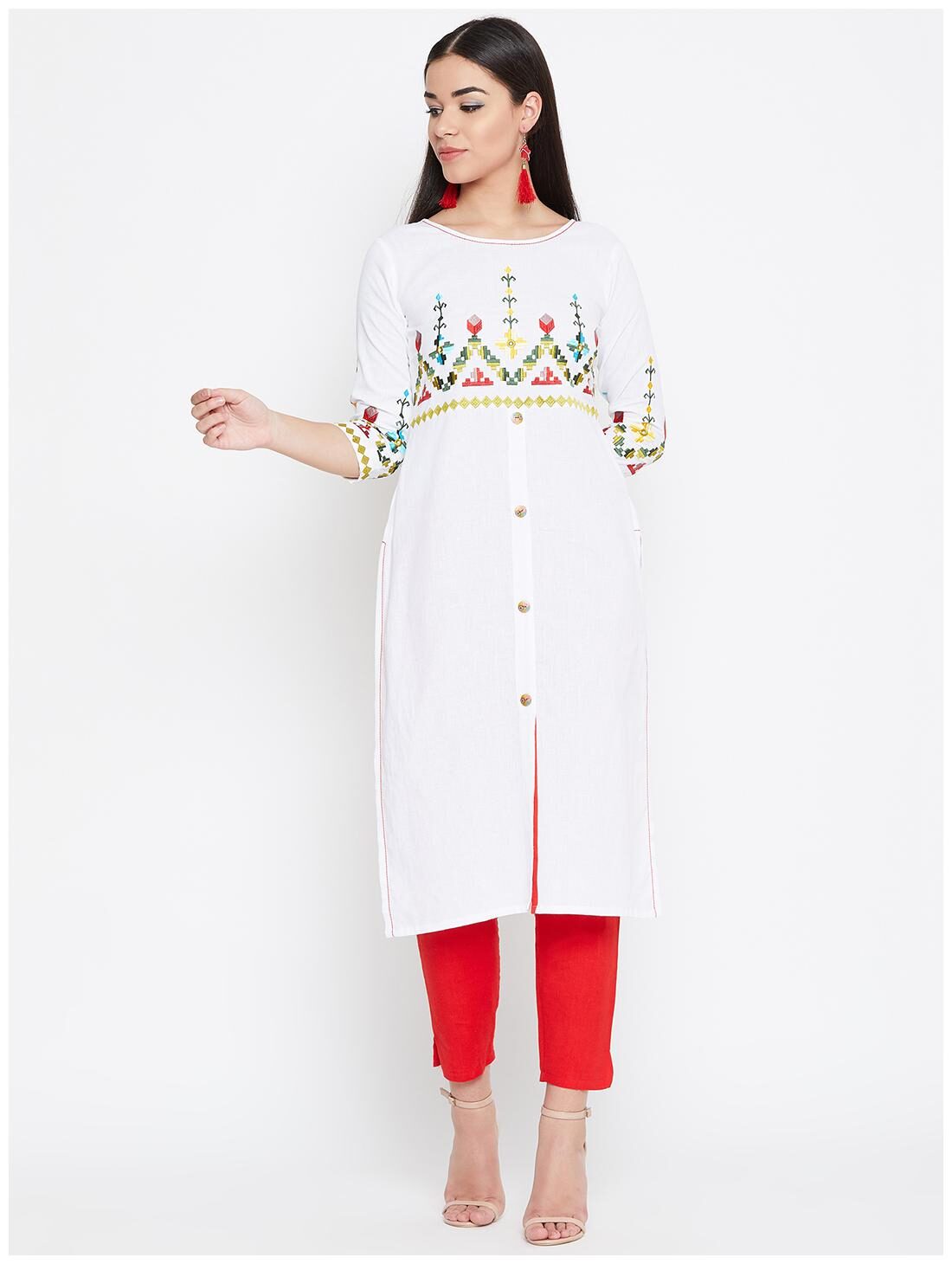

WineRed Women White Embroidered Straight Kurta
