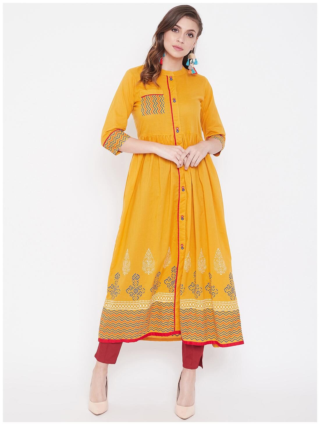 

WineRed Women Cotton Geometric Yellow Kurta