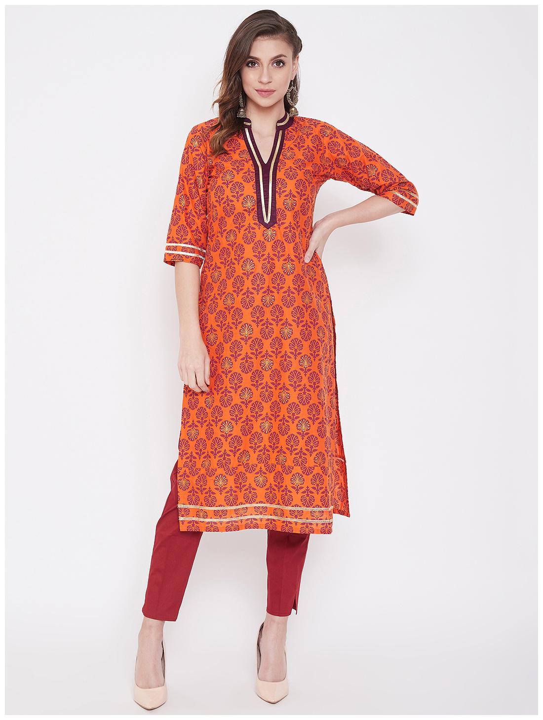 

WineRed Women Orange Floral Straight Kurta