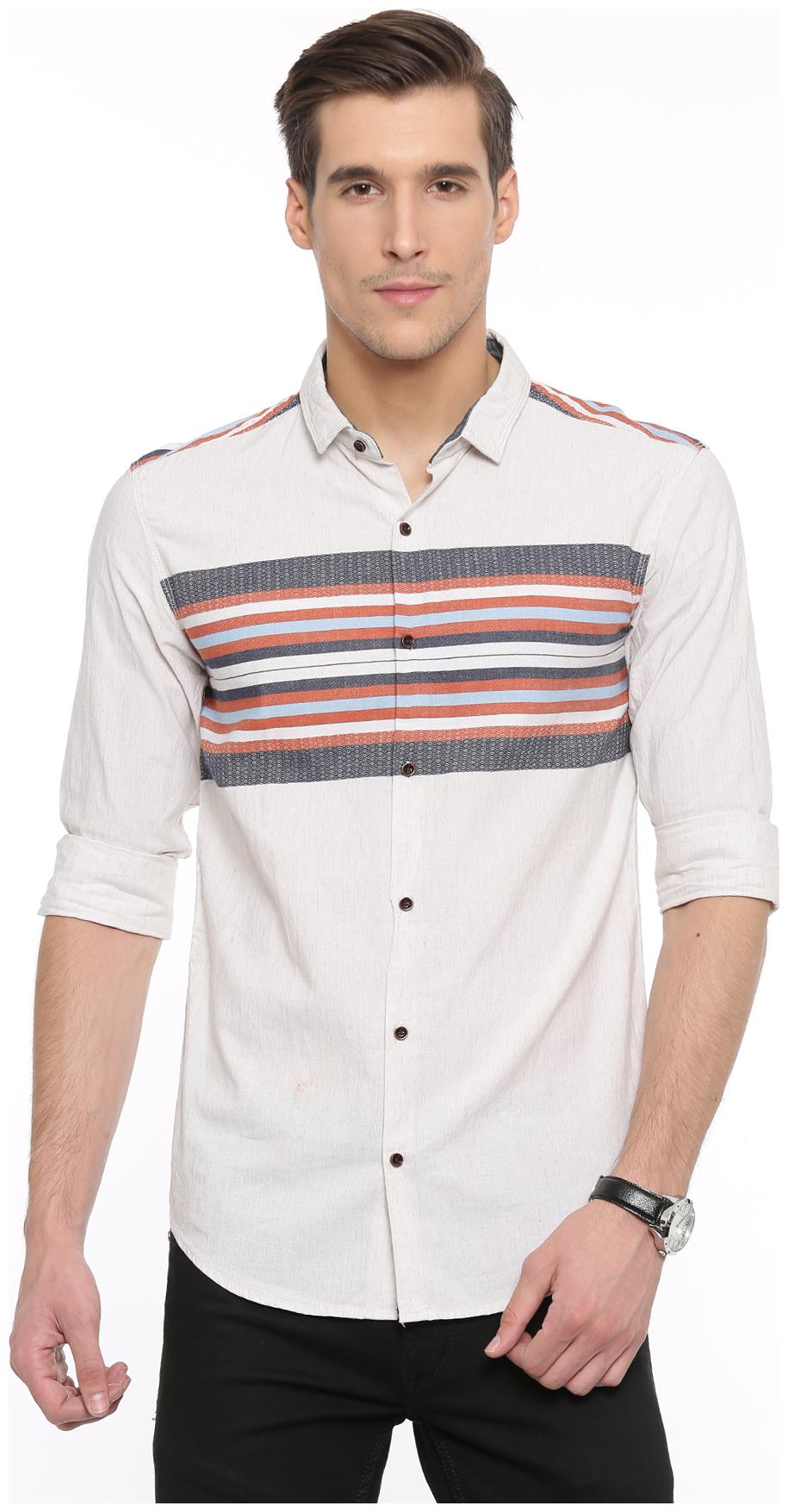 

WITH Men Orange Vertical Stripes Slim Fit Casual Shirt