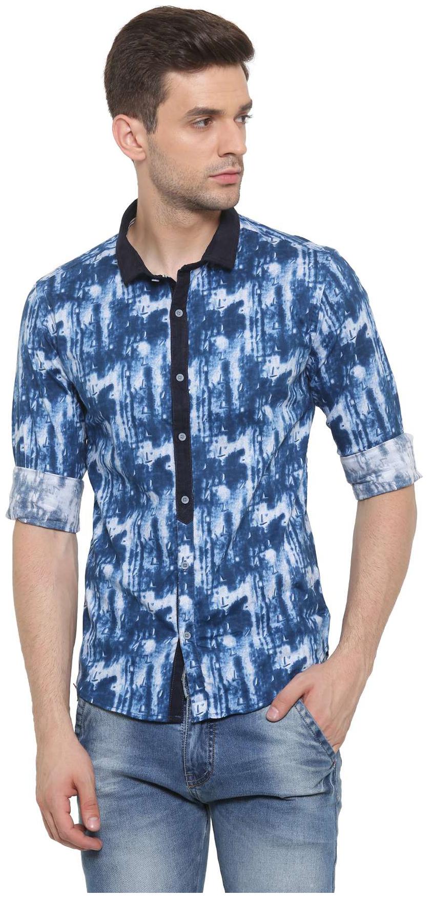 

WITH Men Blue Printed Slim Fit Casual Shirt