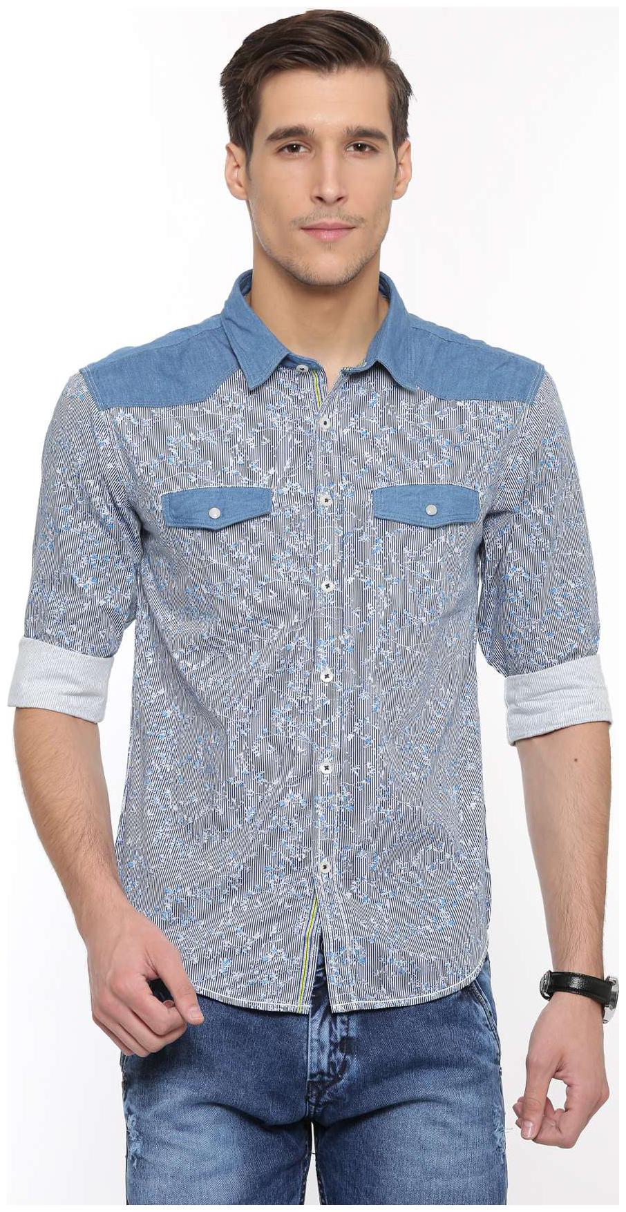 

WITH Men Blue Vertical Stripes Slim Fit Casual Shirt