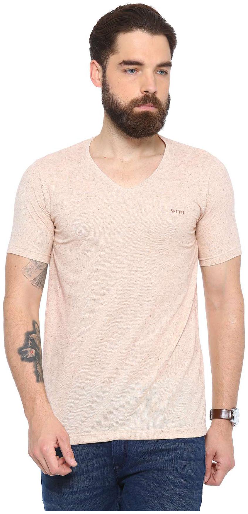 

WITH Men Beige Slim fit Cotton V neck T-Shirt - Pack Of 1