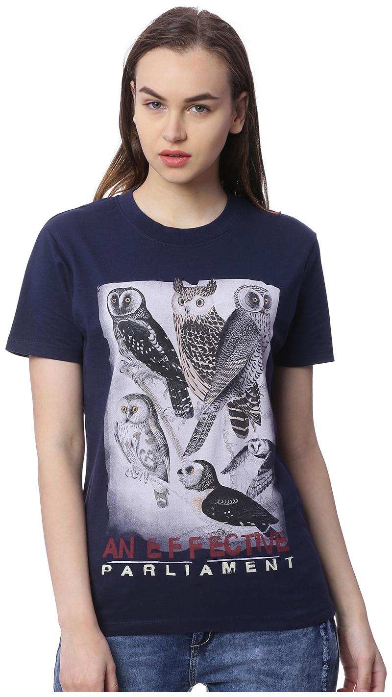 

Wolfpack Cotton Navy Blue Printed T Shirt For Women