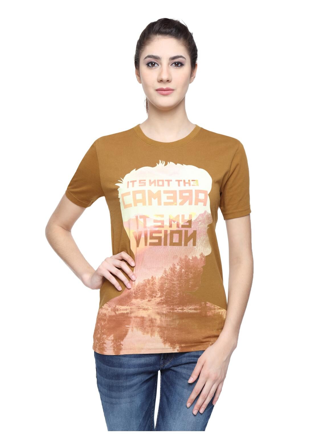 

Wolfpack Women Brown Regular fit Round neck Cotton T shirt