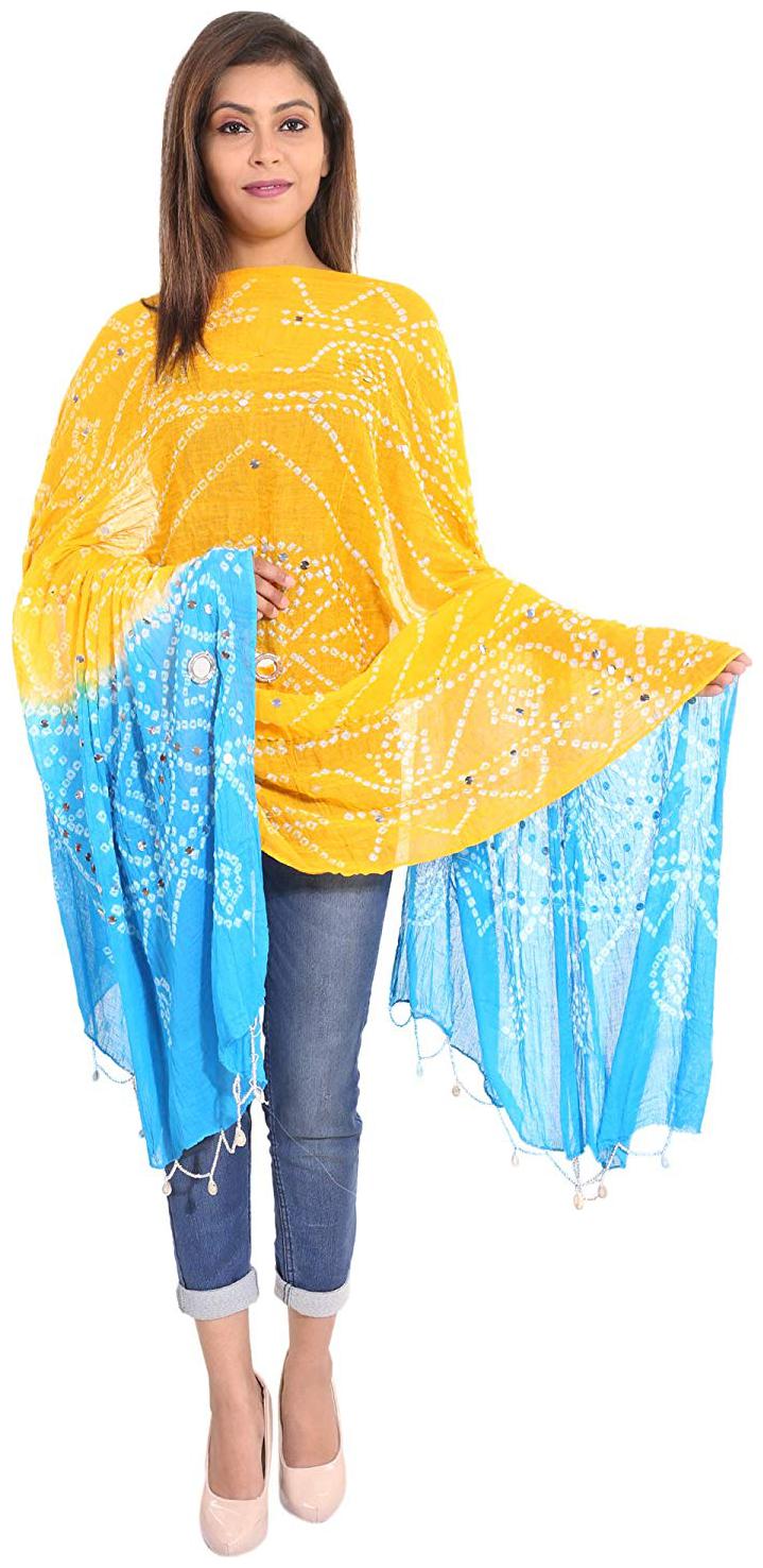 

Woman Cotton Bandhani Dupatta with Mirror Work