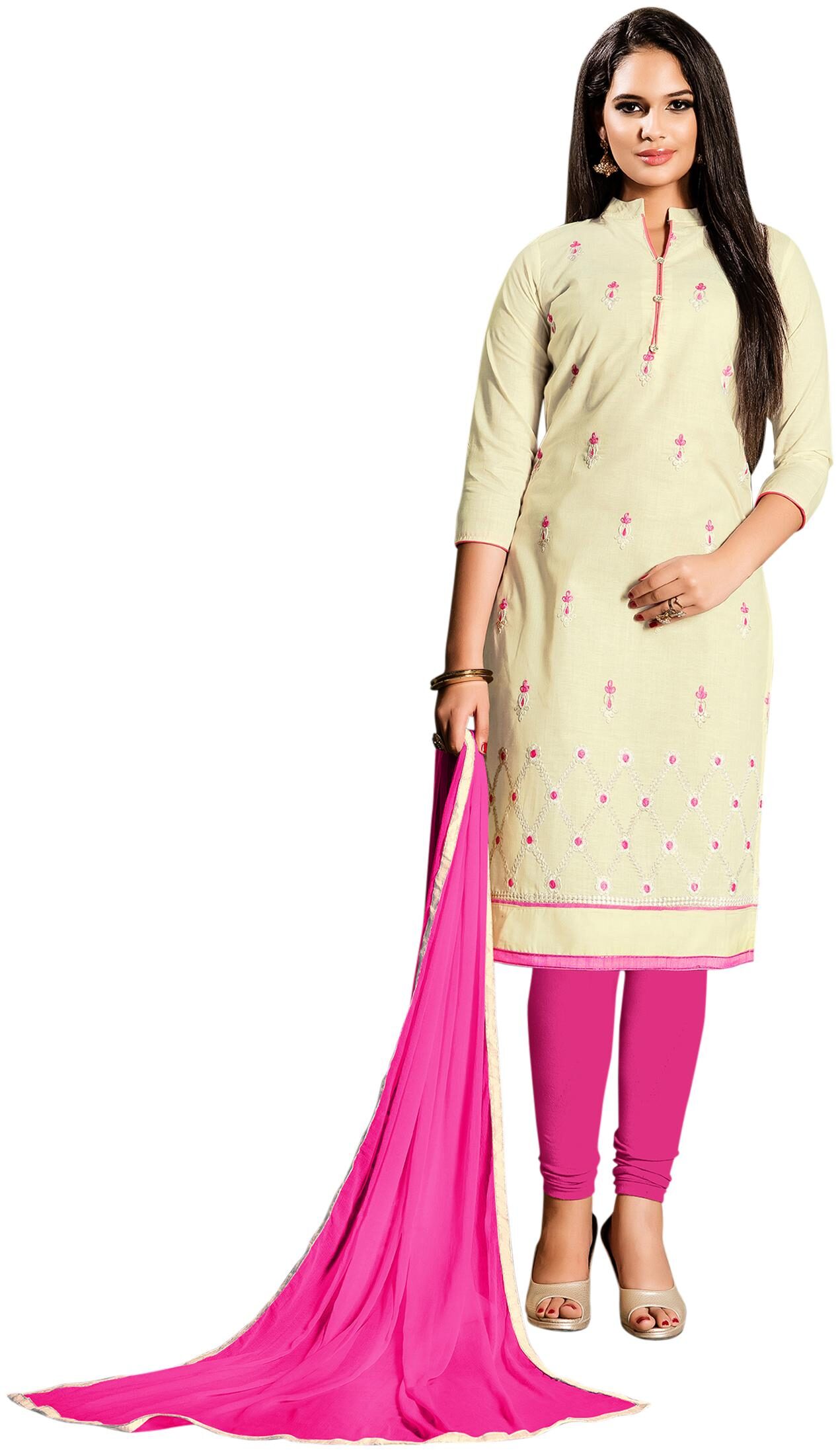 

Women Beige Semi Stitched Embroidered Cotton Dress Material