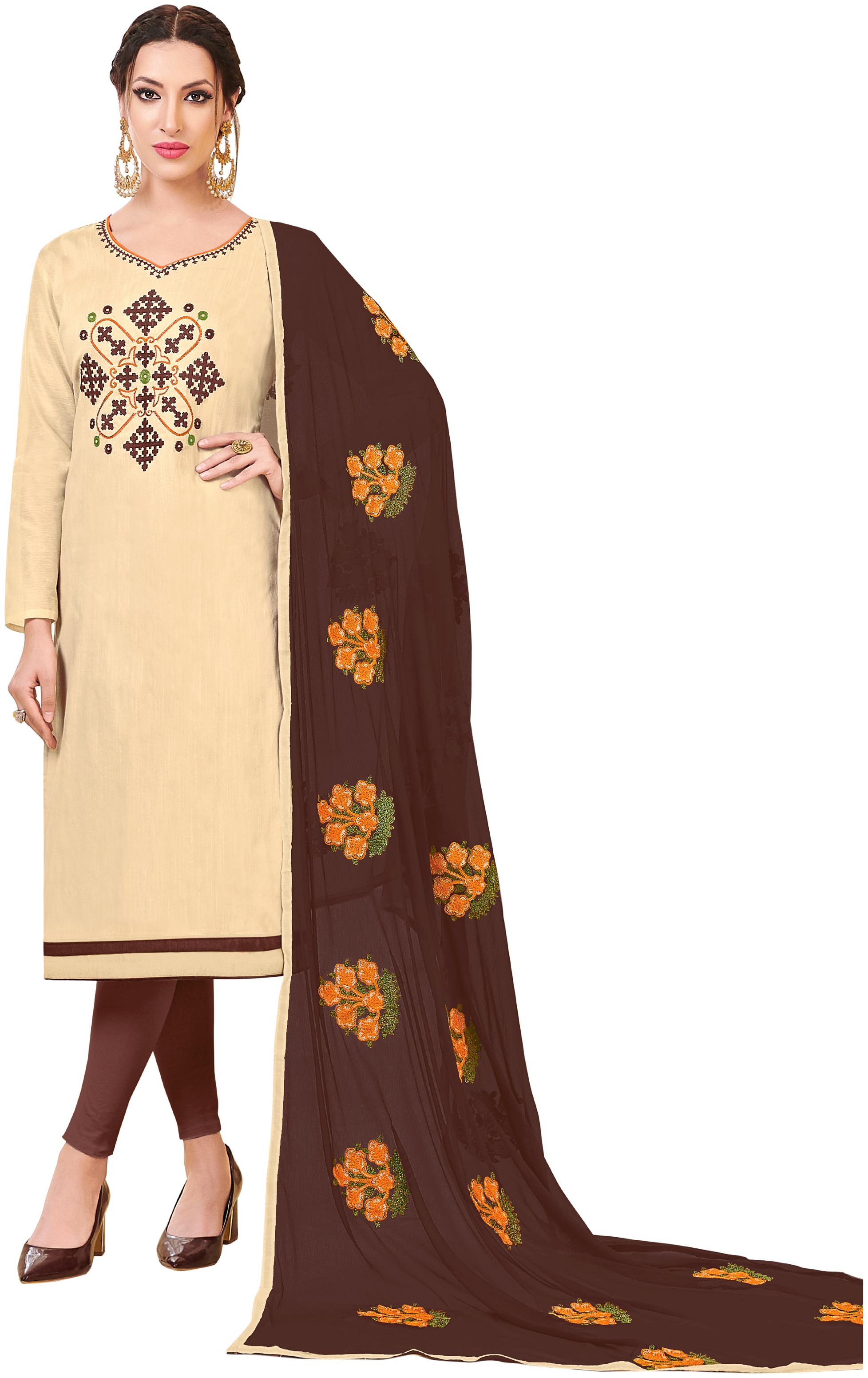 

Women Beige Semi Stitched Embroidered Bangalori Slub Dress Material