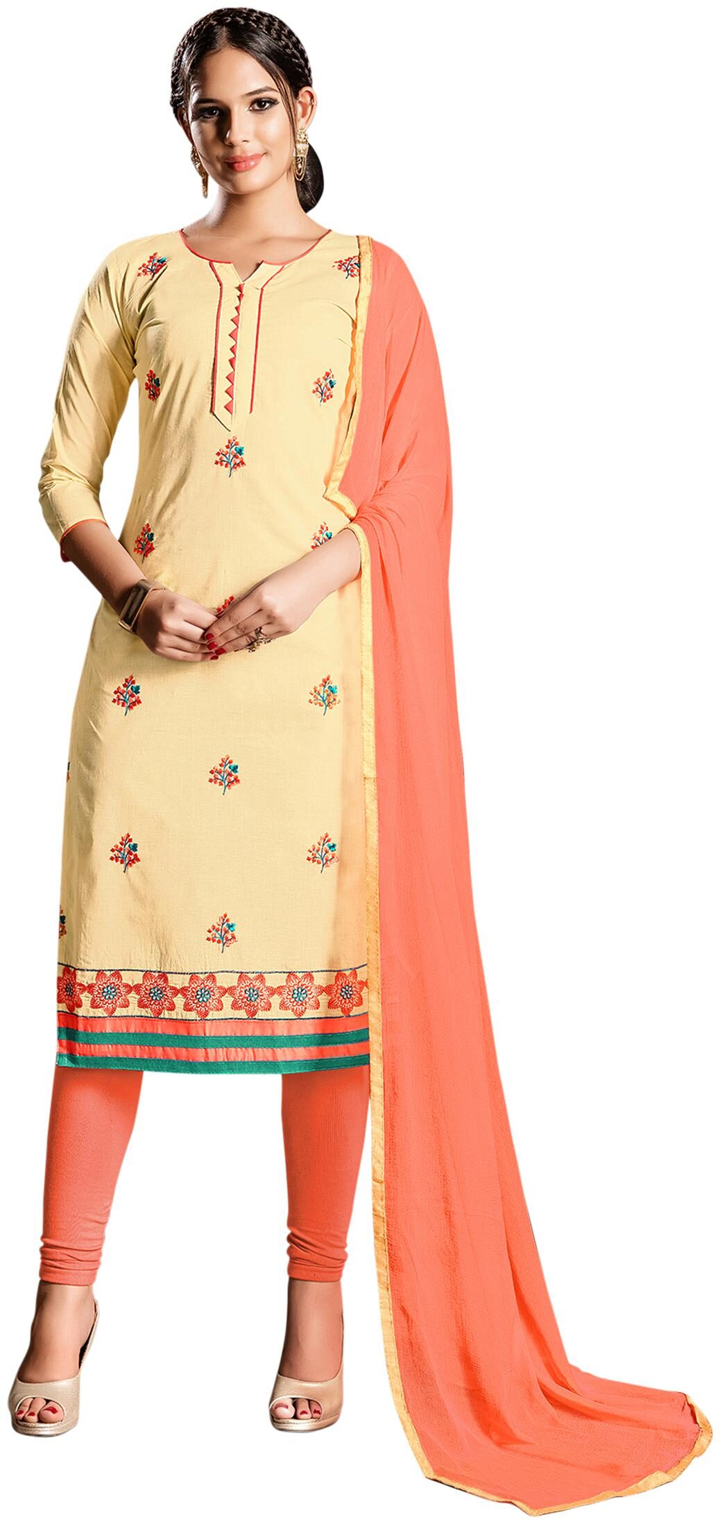 

Women Beige Semi Stitched Embroidered Cotton Dress Material
