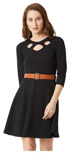

Women Black Round Neck 3 4 Sleeves Solid Skater Knee-Long Belted Cut-Out Dress