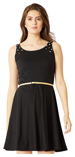 

Women Black Round Neck Sleeveless Cotton Solid Belted Embellished Mini Skater Dress