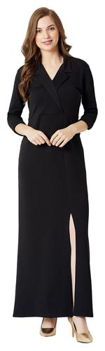 

Women Black Collared V-Neck 3 4 Sleeve Solid Front Slit A-line Maxi Dress