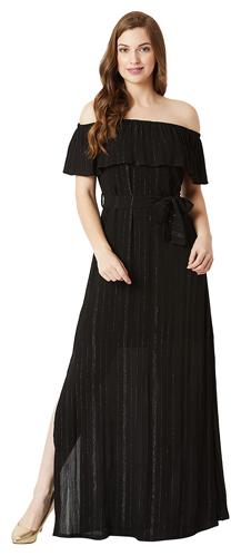 

Women Black Off-Shoulder Sleeveless Cotton Solid Belted Layered Tie-Up Detailing Bardot Style Maxi Dress