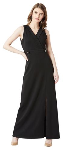 

Women Black V-Neck Sleeveless Solid Side Slit Wrap Maxi Dress