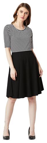 

Women Black White Round Neck Half Sleeve Cotton Striped Knee-Long Skater Dress