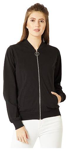 Women Black Round Neck Full Sleeve Cotton Solid Twill Tape Detailing Ring Puller Detailing Zippered Bomber Jacket