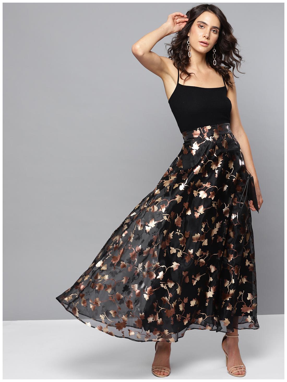 

Orchid Blues Printed A-line skirt Maxi Skirt - Black