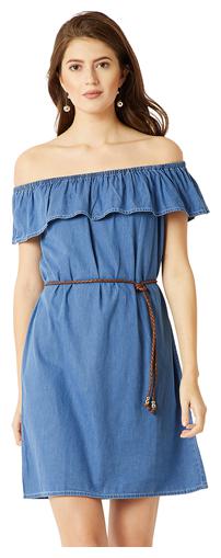

Women Blue Off-Shoulder Half Sleeve Cotton Solid Ruffled Belted Midi Denim Bardot Dress