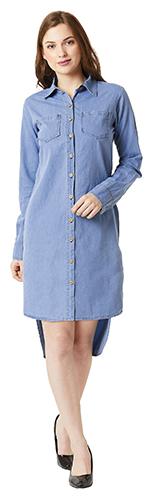

Women Blue Polo Neck Full Sleeve Denim Solid Buttoned High-Low Shirt Dress