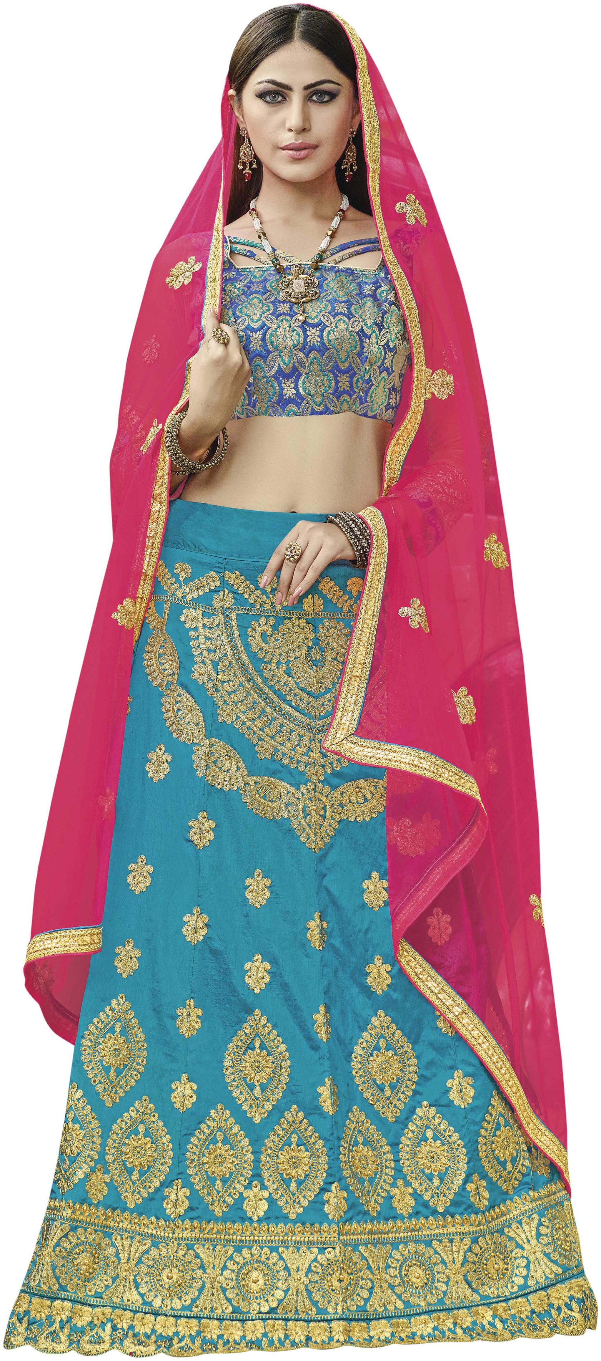 

Women Blue Semi Stiched Embroidered Silk Jacquard Lehenga Choli