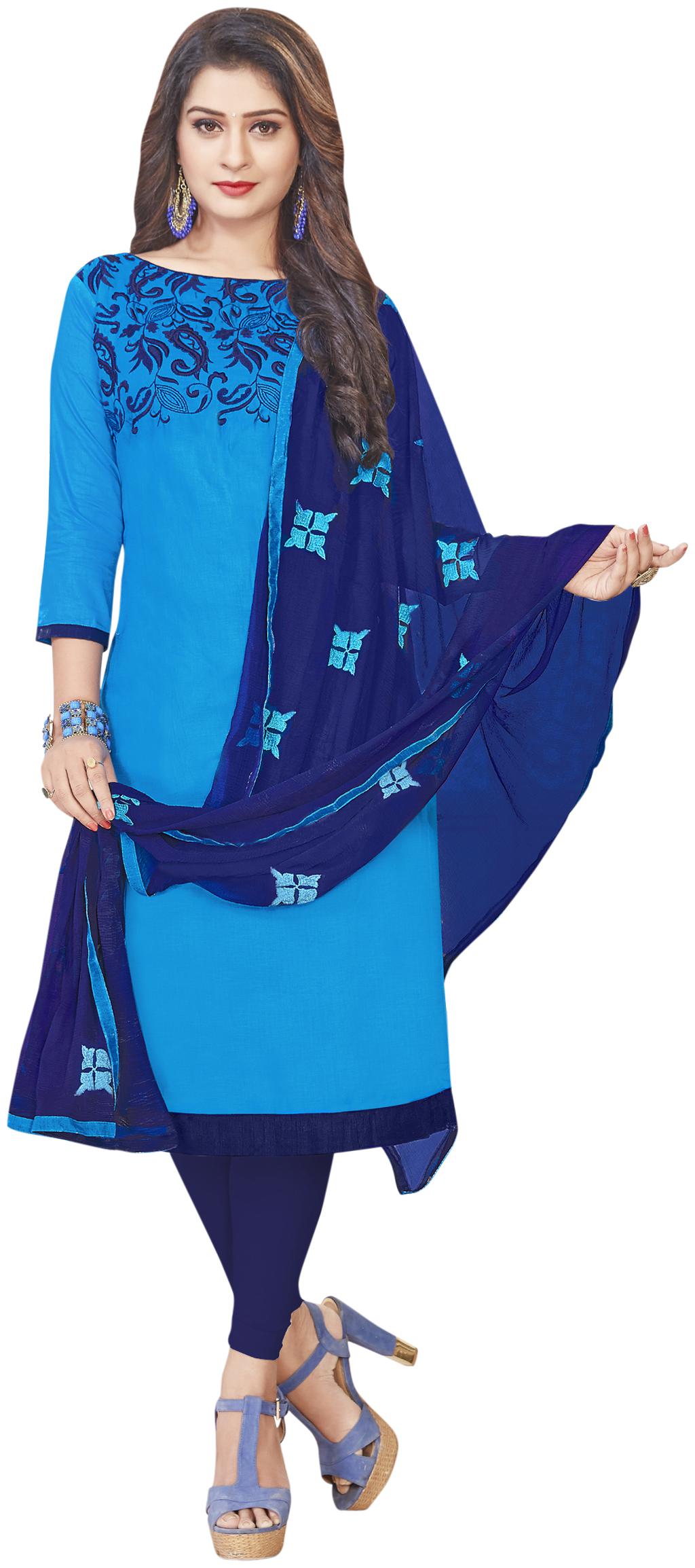 

Women Blue Semi Stitched Embroidered Cotton Dress Material