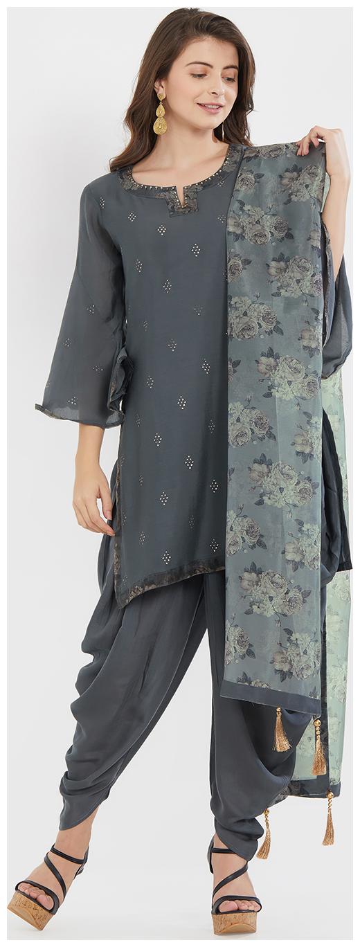 

Women Embellished Grey Kurta Dhoti Pant Set with Dupatta