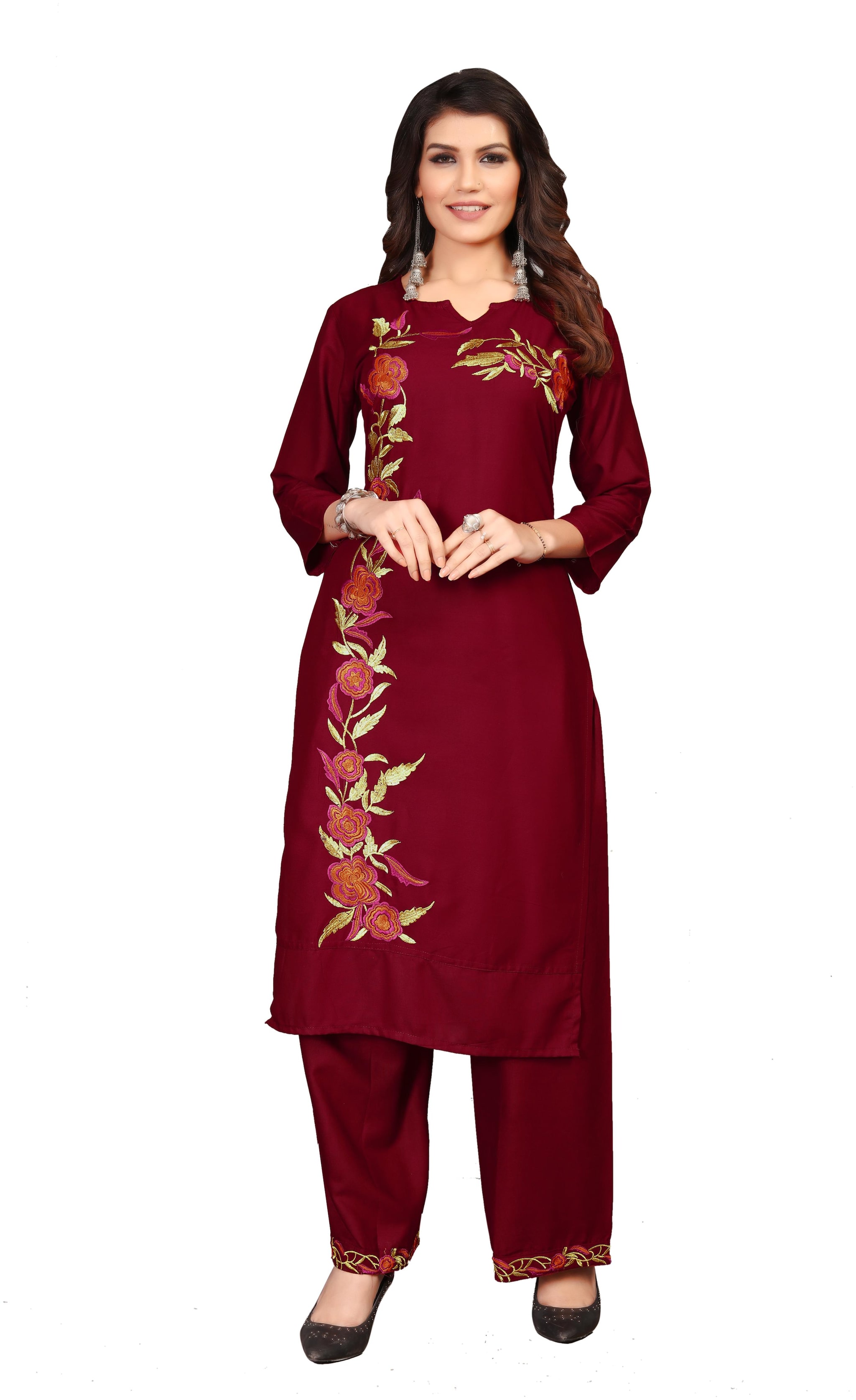 

Women Embroidred Straight Fit Rayon Kurti With Embroidred Medium Length Rayon Palazzo - Maroon