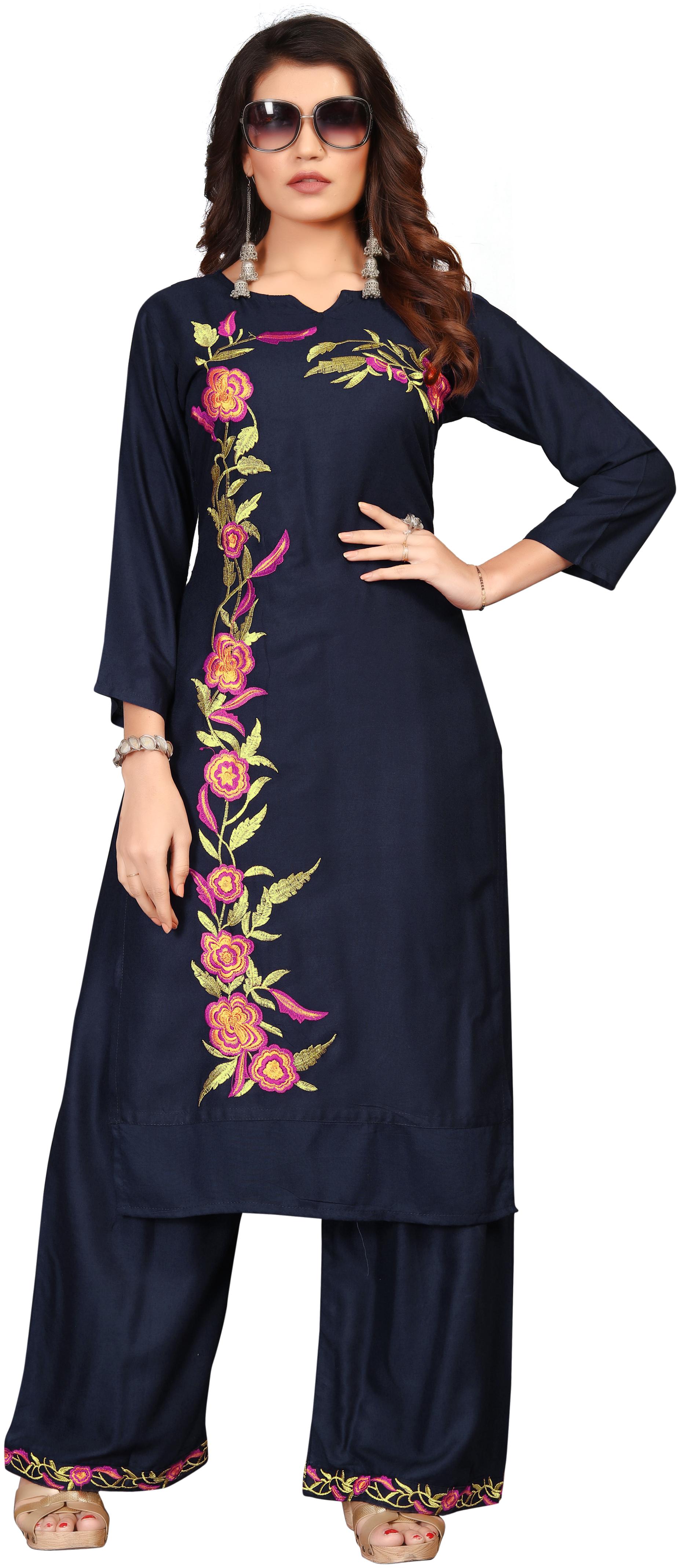 

Women Embroidred Straight Fit Rayon Kurti With Embroidred Medium Length Rayon Palazzo - Blue
