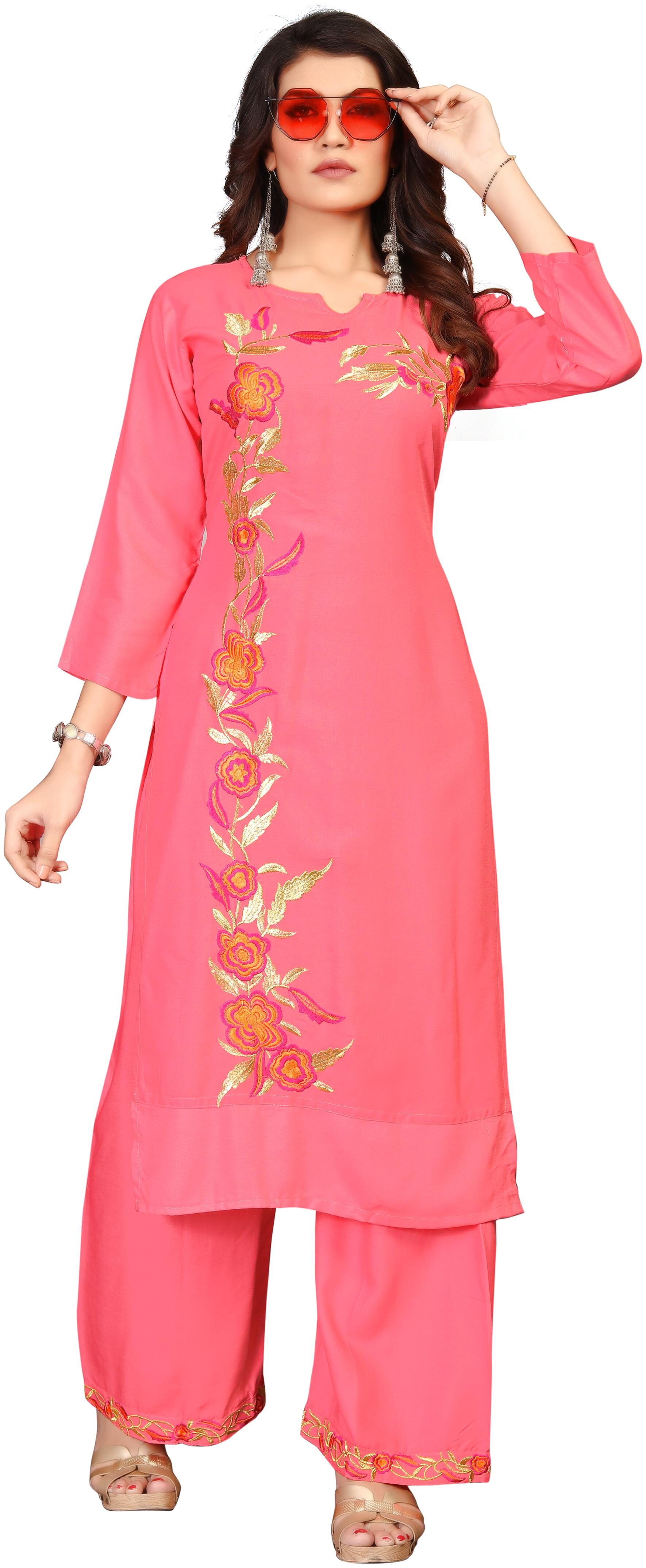 

Women Embroidred Straight Fit Rayon Kurti With Embroidred Medium Length Rayon Palazzo - Peach